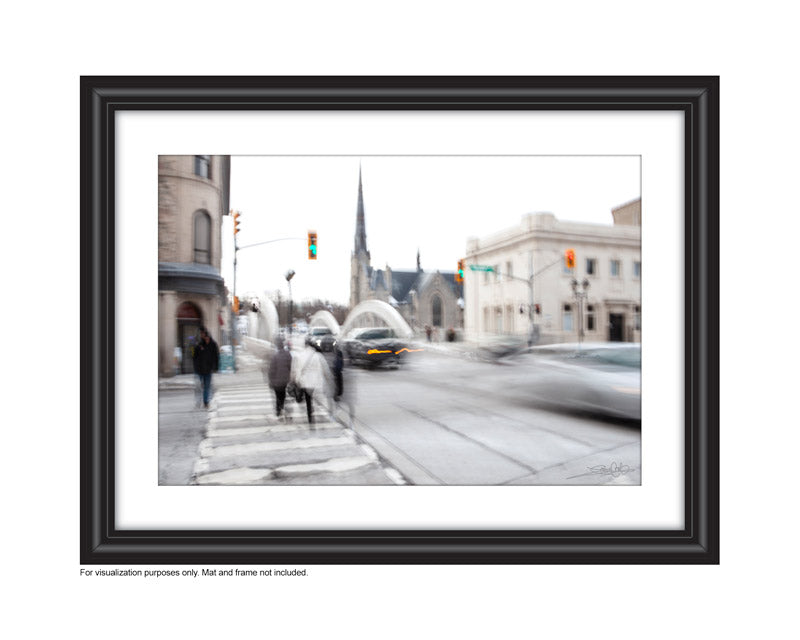 photograph of an Impressionist view of the corner of main & water street in Cambridge Ontario in a frame