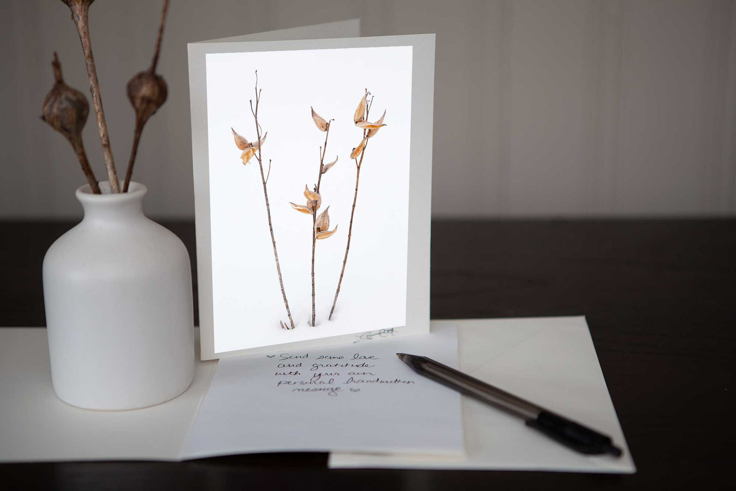 Christmas Greeting Card featuring image of milkweeds set against the wintery white snow Photo by Cambridge Ontario Photographer Laura Cook of Vision Photography