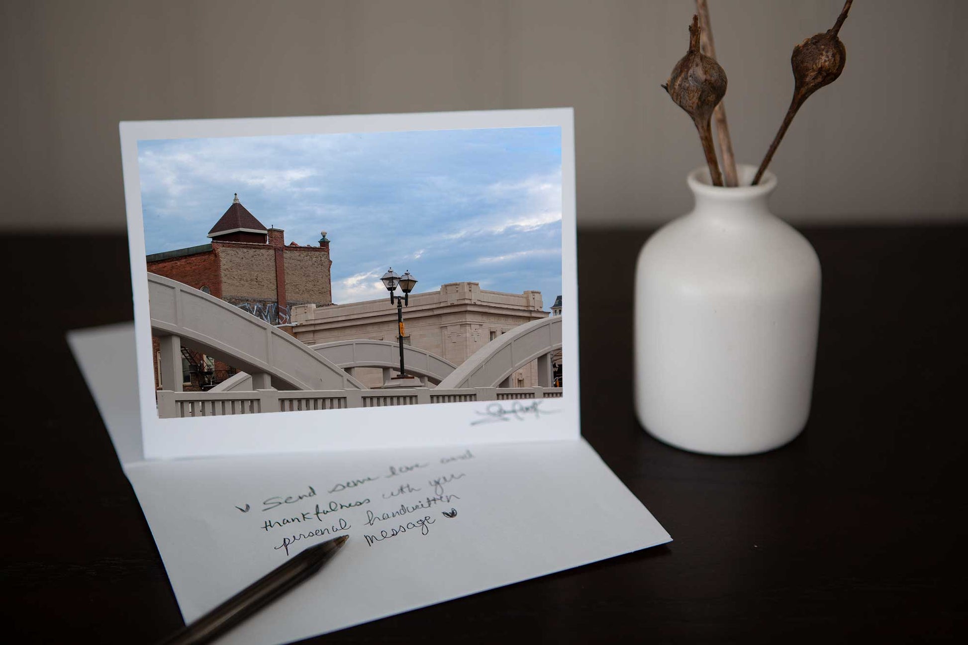 Photo Greeting Card featuring Cityscape a view of Downtown Galt Cambridge's Main Street Bridge Greeting Cards