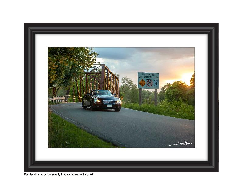 Photo of a Car Driving over Black Bridge in Hespeler at Sunset by Laura COok Vision Photography 