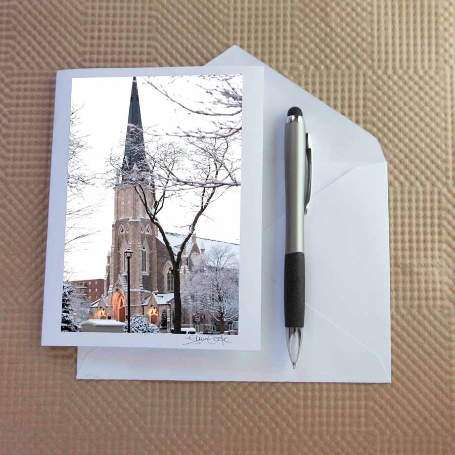 Christmas card pack of Cambridge Ontario ( Galt) by Laura Cook / Vision Photography features a photo of historic knox church in the winter